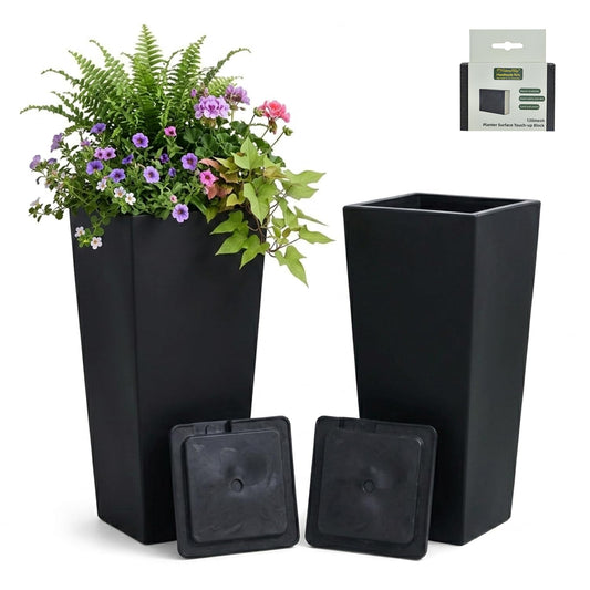 GreenShip 27 inch Tall Planters for Indoor Outdoor Plants, Set of 2 - Large Black Flower Pots with Drainage & Inner Shelf, Modern Decorative Garden Pots for Porch, Patio, Front Door