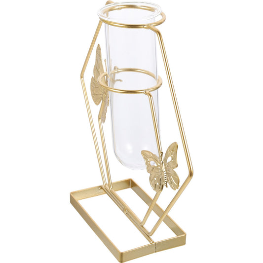 BESPORTBLE Hydroponic Glass Vase with Butterfly Pattern, Hexagonal Decorative Flower Holder, Metal Frame Plant Terrarium for Home and Living Room Table Décor