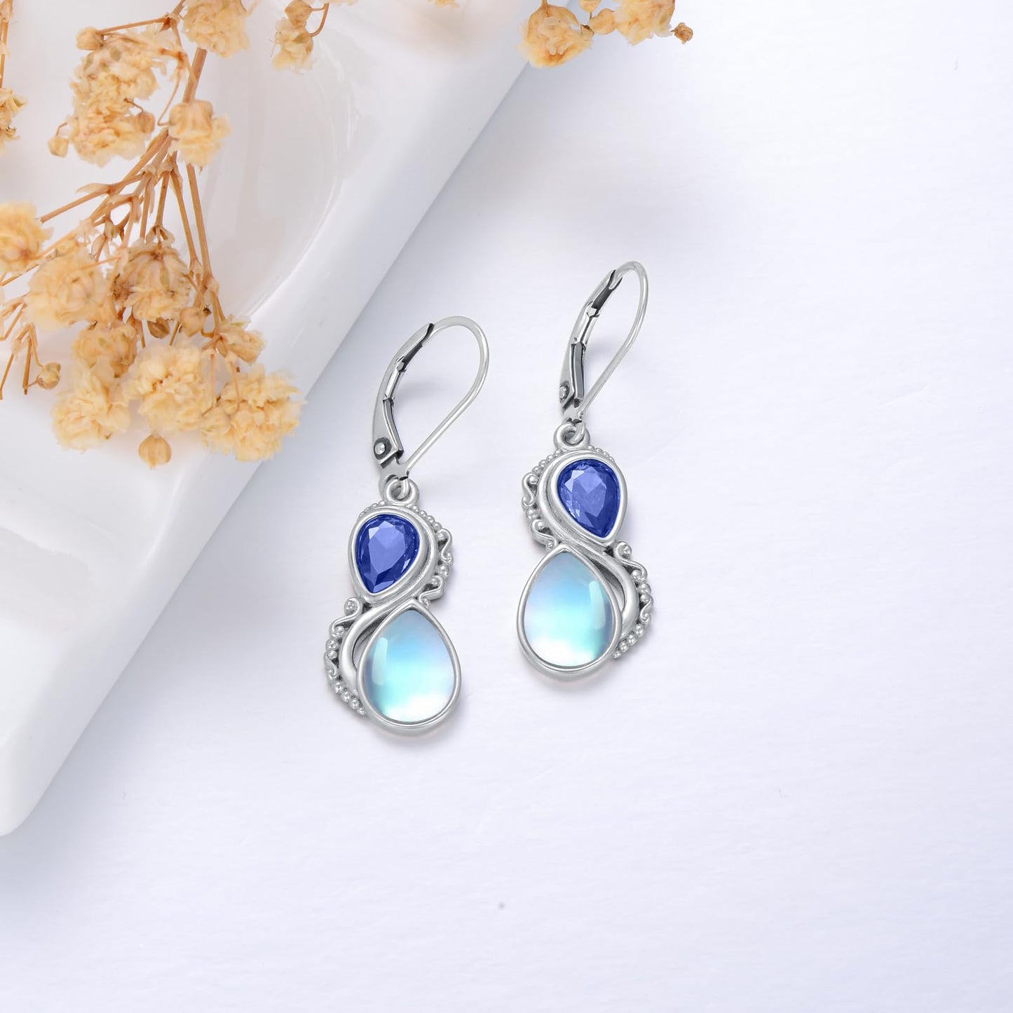 Moonstone Earrings 925 Sterling Silver Vintage Dangle Drop Leverback Earrings with Sapphire Blue September Birthstone Jewelry Gifts for Women