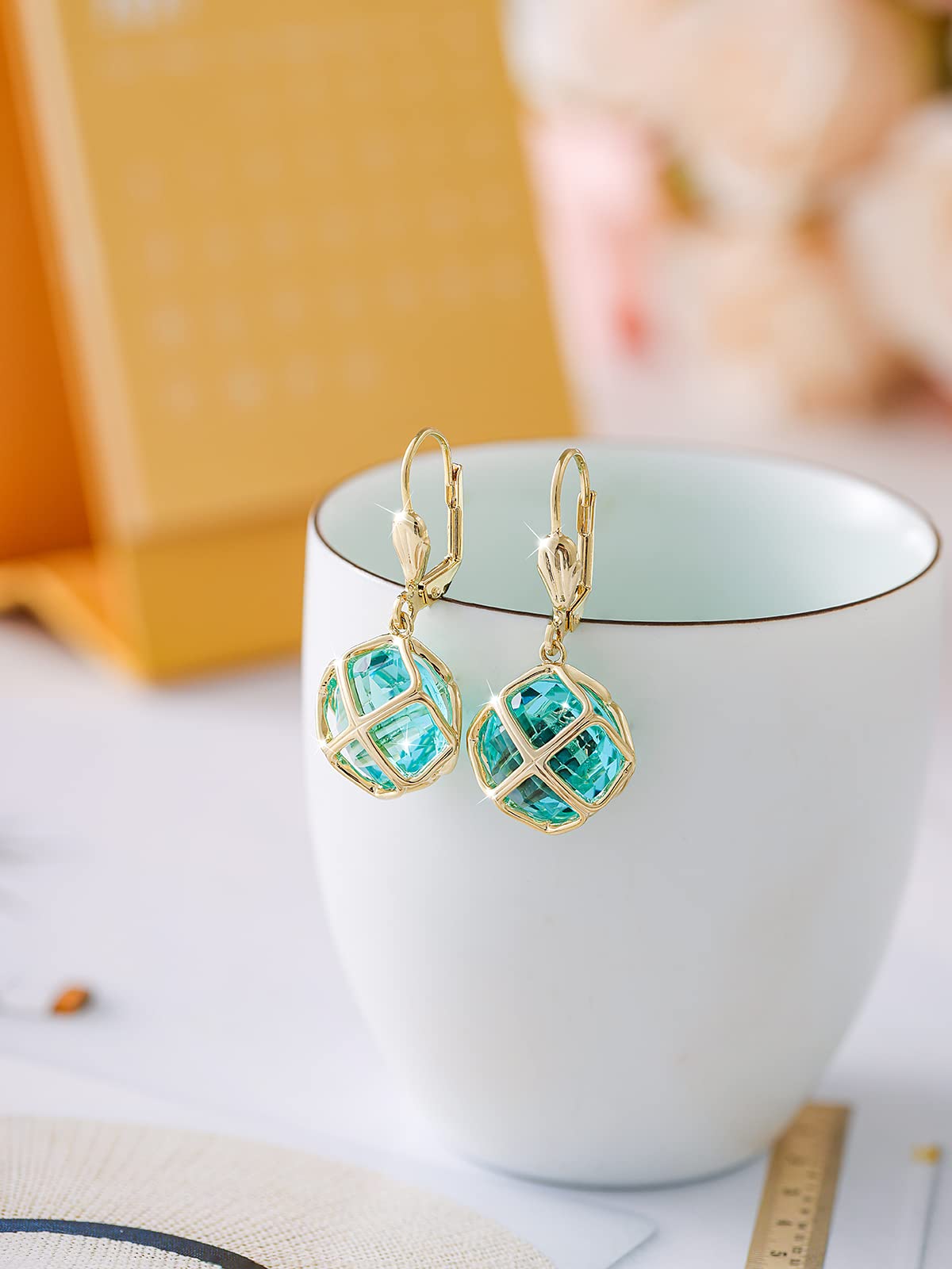 Big Dark Blue Crystal Dangle Earrings for Women (Sept-Sapphire-14K Gold)