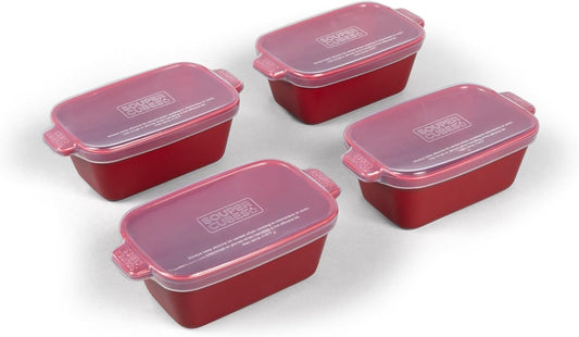 Souper Cubes Stoneware - Small 5" x 3" Ceramic Baking Dish Set with Silicone Covers | Perfect for Reheating Single Servings - Cranberry