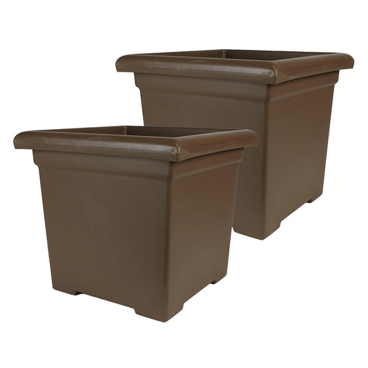 The HC Companies 15.5 Inch Accent Square Plant Pots with Drainage, Lightweight UV-Resistant Plastic Planters for Indoor & Outdoor Plants, 2-Pack Flower Pots for Garden, Office & Home Decor, Chocolate