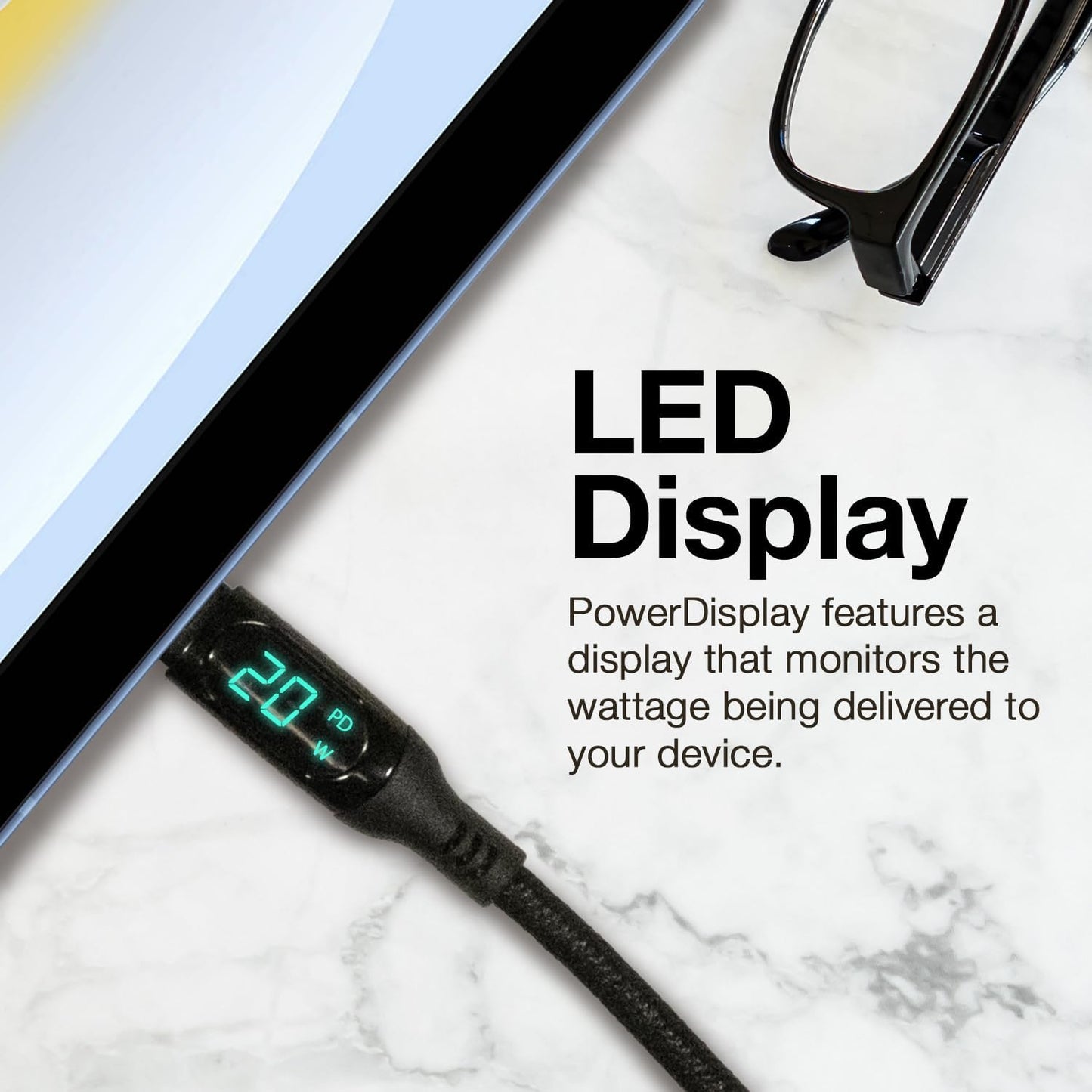 BoxWave MP3 W02 (6ft) (100W), Cable Compatible with Benjie Player - PowerDisplay PD Cable - USB-C to USB-C LED Wattage