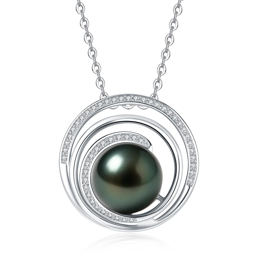 Genuine Tahitian Black Pearl Necklace for Women, 10-11mm AAAA Natural-Color Pearl Sterling Silver Moissanite Circle Pendant, Gift for Wife Girlfriend Birthday, Wedding Anniversary,Christmas Mom Gifts
