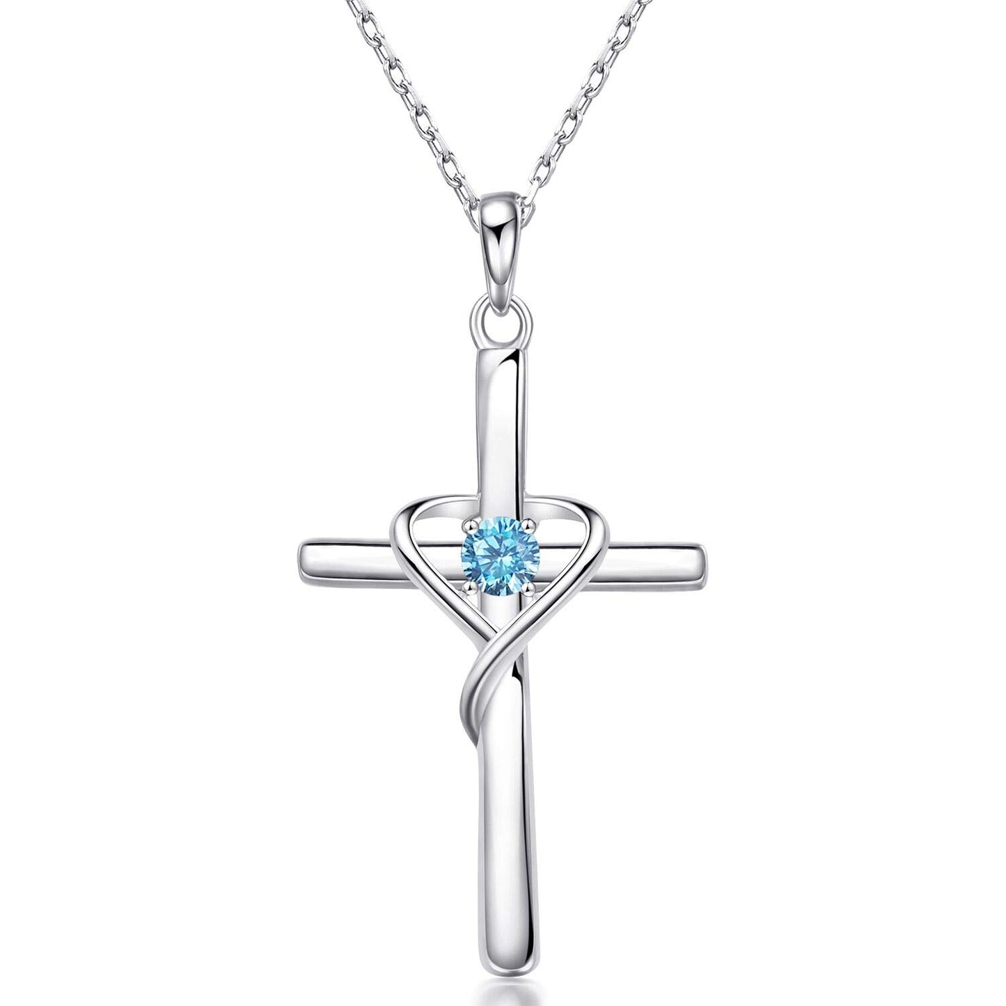 AmorAime 925 Sterling Silver Cross Necklace for Women Men 14K Gold Plated 5A CZ Birthstone Necklaces for Holiday (L.Blue-December-Blue Topaz)