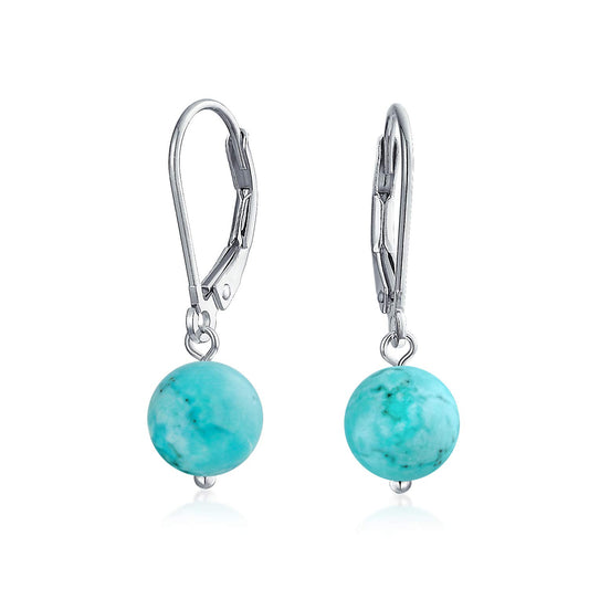 Bling Jewelry Timeless .925 Sterling Silver Blue Turquoise Bead 8mm Ball Drop Earrings Lever Back Genuine Gemstone December Birthstone