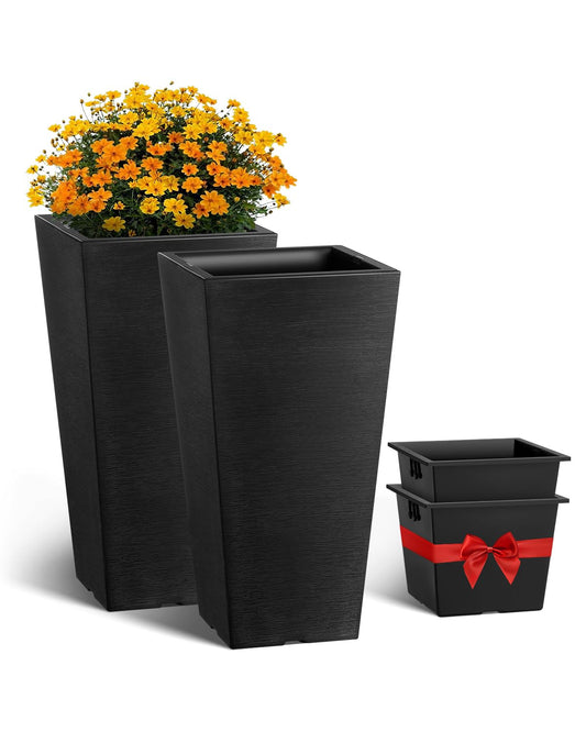 VEVOR Set of 2 Tall Outdoor Planters 22inch, Large Planters for Outdoor Indoor Plants, Black Front Porch Planter Flower Tree Plant Pots with Modern Design and Built-in Drainage