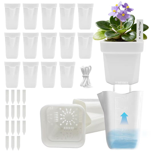 2.5" Small Self Watering Pots for Indoor Plants, 16 Pack Mini White Plastic Planters with Drainage Holes, Semi Hydroponic, Propagation, Cuttings, Seedlings, African Violets, 16 Plant Labels and Wicks
