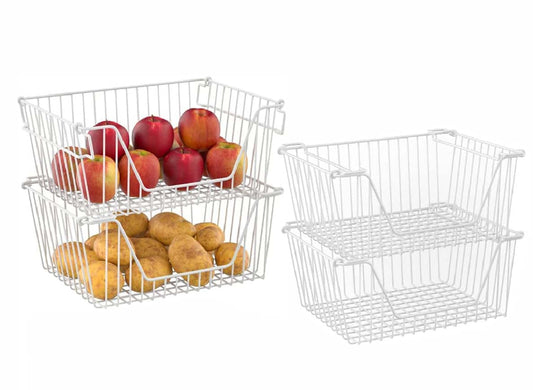 blitzlabs Stackable Wire Metal Baskets Large Capacity Kitchen Freezer Bins for Pantry Cabinet Fruit Vegetable Snacks Organization, White, Set of 4