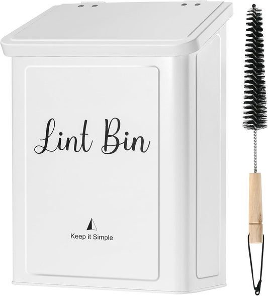 SUBEKYU Magnetic Lint Bin - Wall Mounted Metal Lint Box with Lid for Laundry Room Organization | White