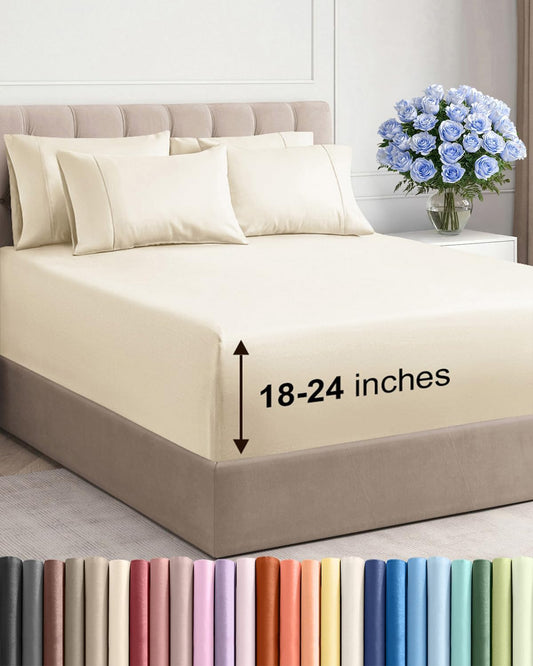 Skiennix Extra Deep Queen Sheet Set - 6 Piece Breathable Cooling Bedding - Soft Wrinkle-Free Off White