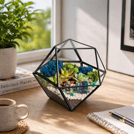 Creations by Nathalie DIY 7" Geometric Terrarium Kit - Build Your Own Glass Terrarium for Adults & Teens with Moss, Crystals, Tools & Decor - Handcrafted in the USA (Live Plant Included)