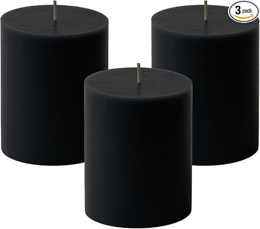 Mister Candle Dripless Unscented Pillar Candles, Set of 3 Hand Poured Solid Color Non-Scented Candles for Home Decor, Premium Wax, 60 Hr Burn Time - 3x4 Inch, Black