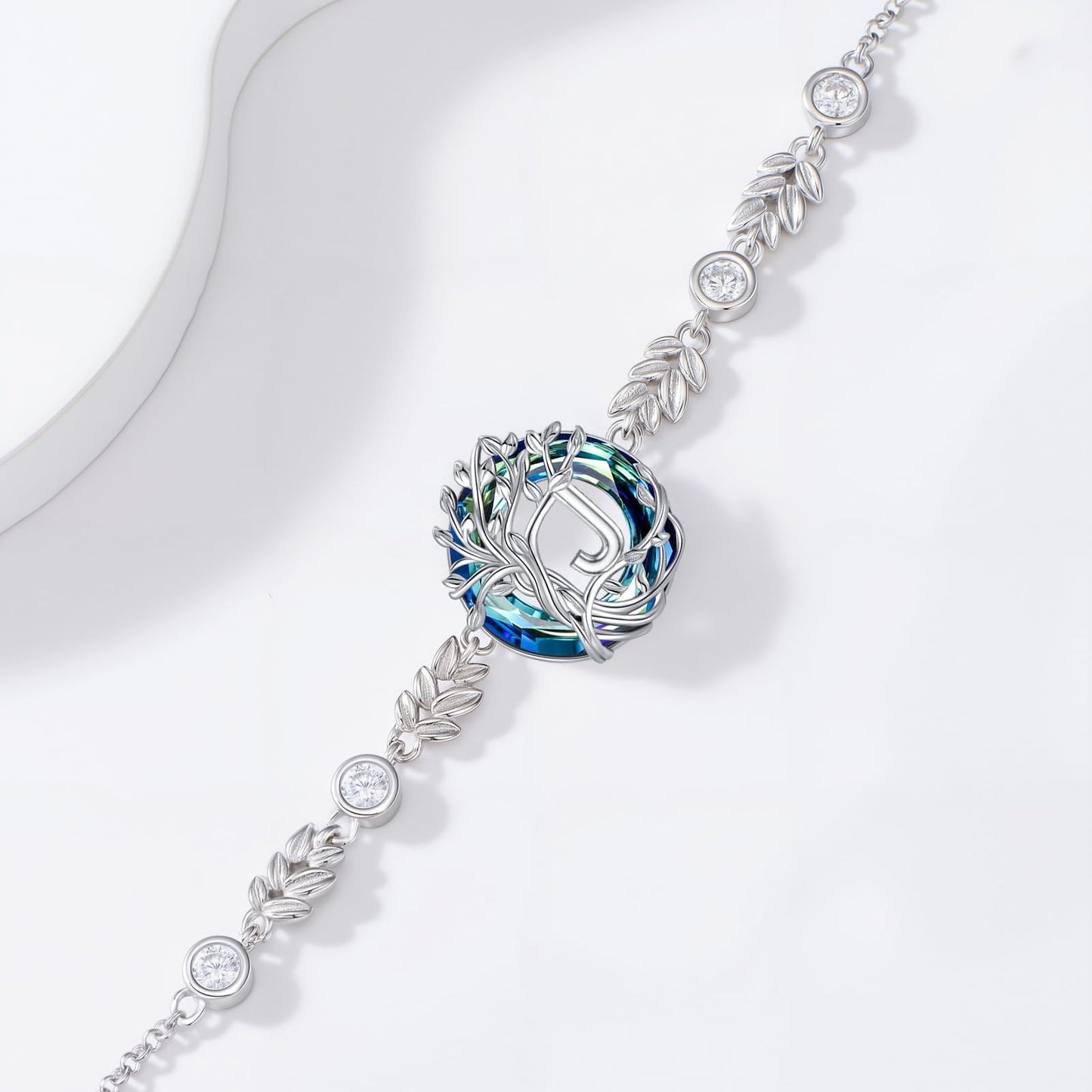 TOUPOP Tree of Life Initial Bracelet Sterling Silver Initials J Letter Link Bracelets Blue Circle Crystal Family Tree Birthday Mothers Day Jewelry Gifts for Women Mom Wife