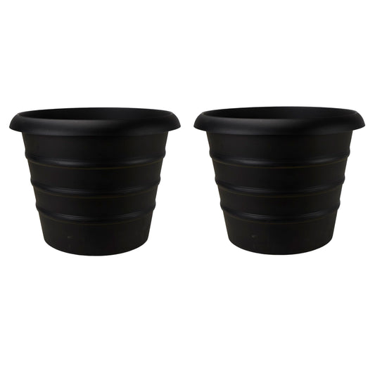 The HC Companies 14 Inch Marina Planter Lightweight Indoor Outdoor Plastic Plant Pot for Herbs and Flowers, Black (Pack of 2)