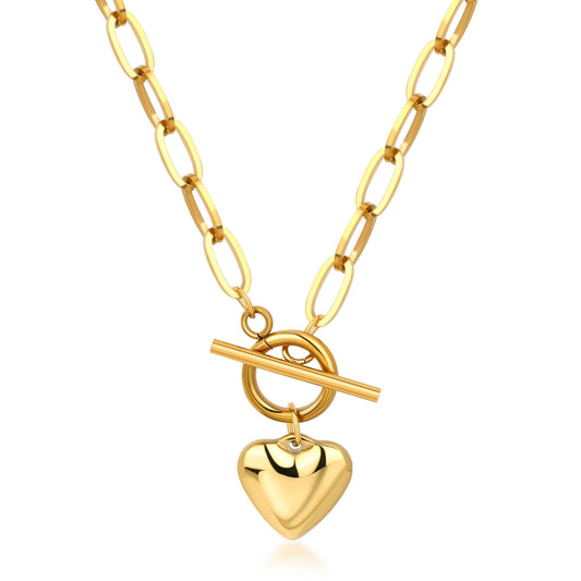 BONJOULRY Chunky Gold Necklace for Women, 18K Waterproof Heart Necklace Statement Necklace Gold Charm Necklace Chunky Jewelry Paperclip Chain Choker Gift for Women (OT Chain Heart)