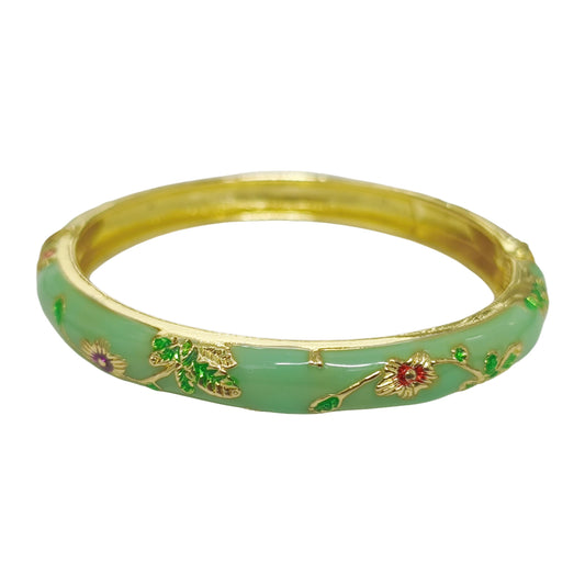 BlingNook Cloisonne Bracelet For Women, Chunky Bangle Trendy Cute Flower Enamel Bangles Multi Tone Engraved Cuff Gold Plated Bracelets Stackable Wife Jewelry Friendship Gift (Light Green, One Size)