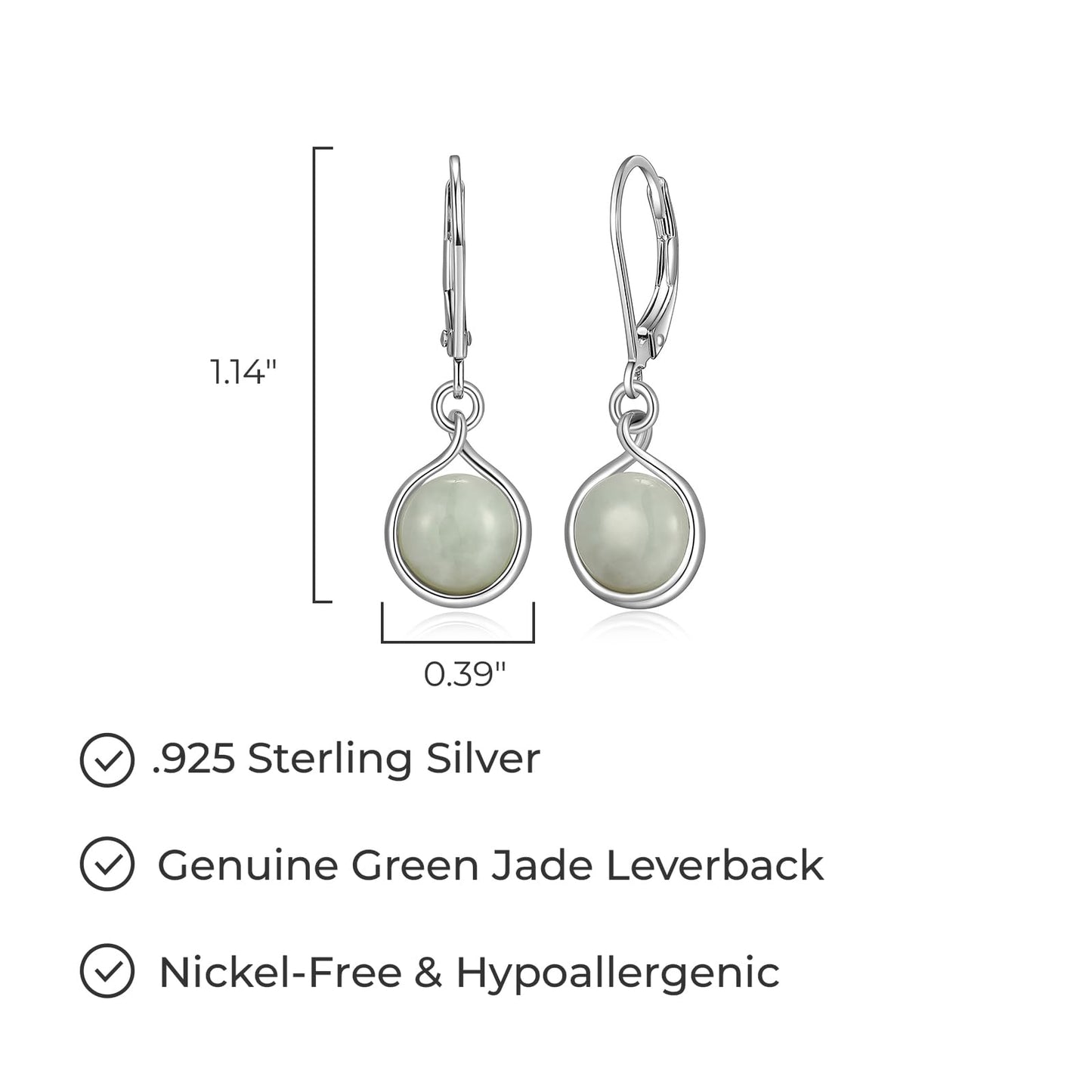 MORGAN & PAIGE .925 Sterling Silver Rhodium Plated Genuine Green Jade Bezel Set Round Leverback Earrings for Women - Hypoallergenic Dangle Sterling Silver Earrings, 1-1/8" Length