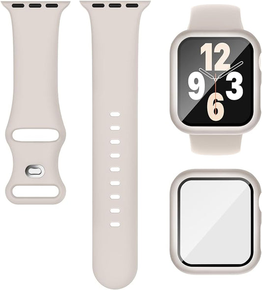 Compatible for Apple Watch Band 44mm 45mm and Case with Screen Protector, Soft Silicone Sport Strap Bands and Protective Cover with Tempered Glass for iWatch Series 9 8 7 SE 6 5 4