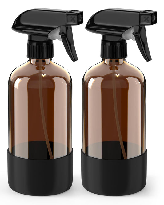 Bontip Glass Spray Bottle with Silicone Sleeve Protection, Amber Glass Spray Bottle Set for Window Cleaner Aromatherapy Facial Hydration Watering Flowers Hair Care 2 Pack/16 oz (Black)