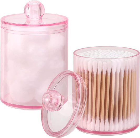Tbestmax Qtip Holder - 2 Pack Bathroom Canisters for Cotton Ball & Swab Storage | Pink 10-Ounce