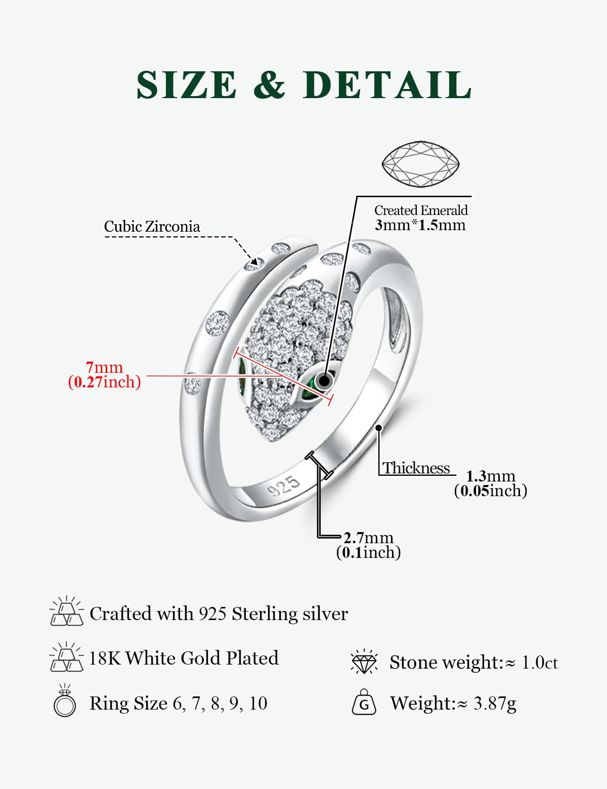 RANDES Cubic Zirconia Snake Rings for Women Adjustable 925 Sterling Silver Green Emerald Eye Fashion Statement Finger Cocktail Ring Punk Jewelry Size 7