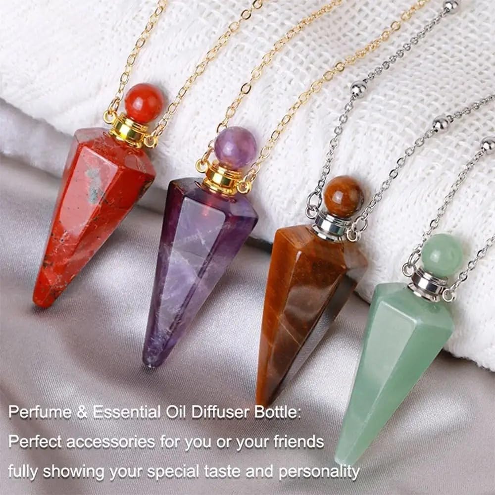925 Sterling Silver Essential Oil Necklace For Women And Men, Natural Crystal Stone Cone Shape Pendant Necklace Healing Perfume Bottle Necklace Essential Oil Pendant Necklace (9 - Essential Oil Necklace)