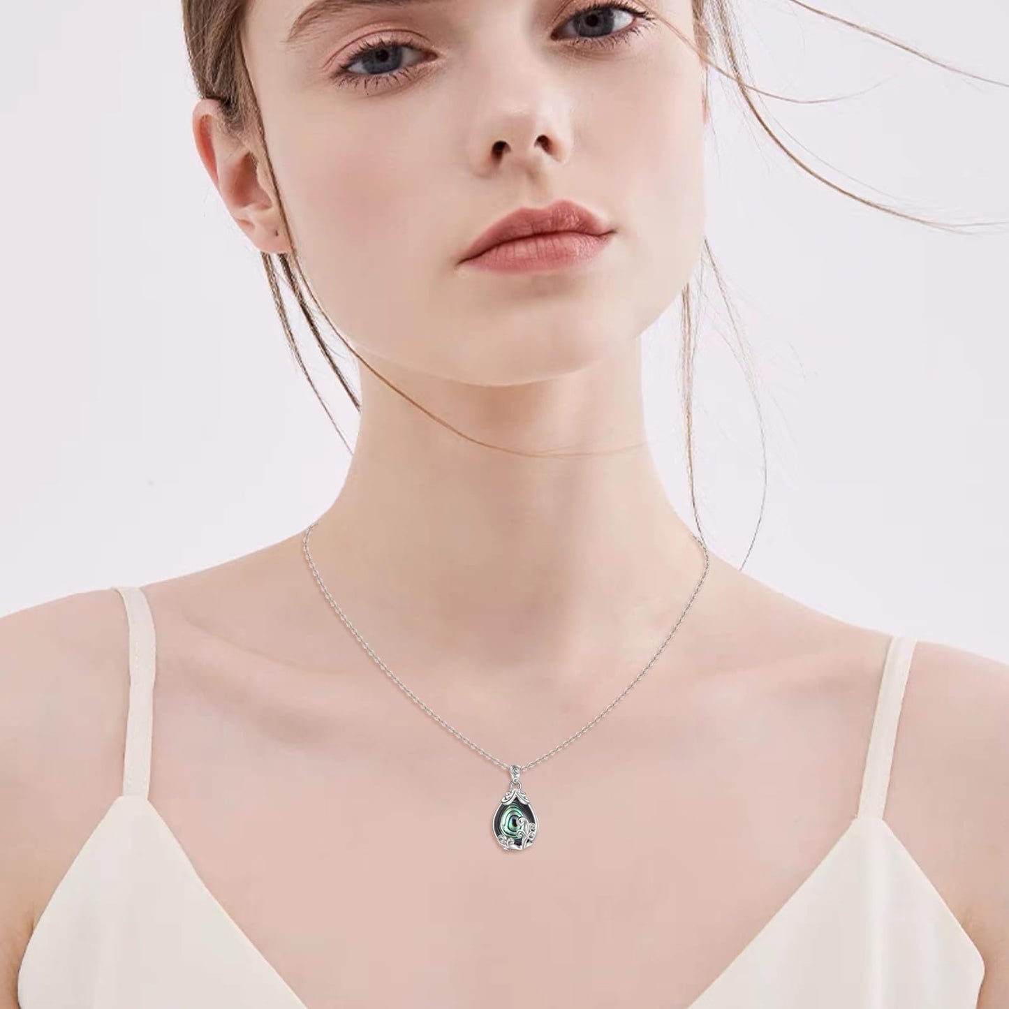 POPLYKE Sterling Silver Abalone Shell Filigree Teardrop Pendant Necklace Gemstone Crystal Jewelry for Women