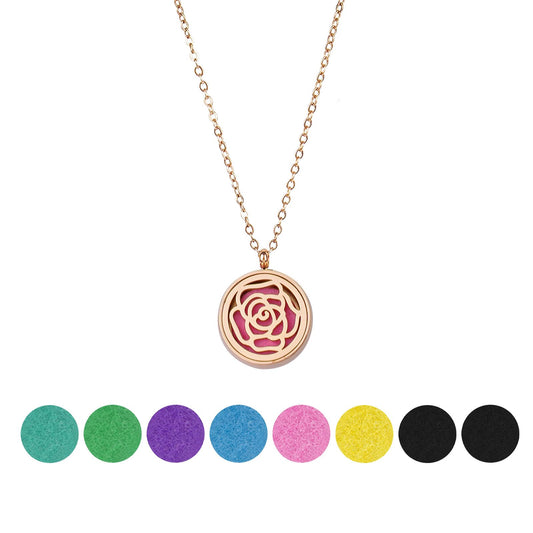 Biiange Aromatherapy Diffuser Necklace for Women, Stainless Steel Essential Oil Locket Pendant with 8 Refill Pads & 20" Adjustable Chain, Scent Diffuser Jewelry Gift (1, Rose Flower)