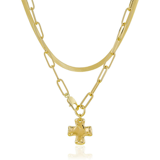 Bheop Chunky Cross Necklace for Women Trendy 14K Gold Plated Layered Statement Cross Pendant Charm Necklace Vintage Paperclip Herringbone Snake Choker Chain Costume Jewelry Set Gift Non Tarnish