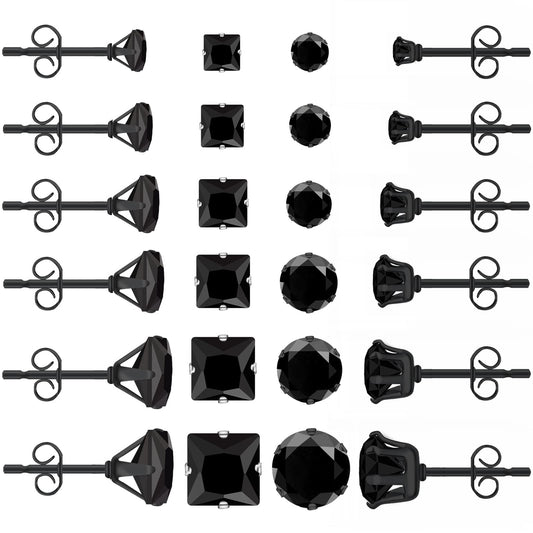 Black Earrings for Men: LUCKYPADS Cubic Zirconia Earrings Studs 12 Pairs Black Diamond Stud Earrings Small Stud Earrings for Women Hypoallergenic Earrings Multipack for Boys