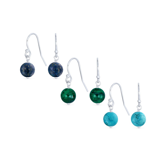Bling Jewelry .925 Sterling Silver Blue Turquoise Lapis Lazuli Green Malachite Bead 8mm Dangle Ball Drop Earrings For Women French Fish Hook Wire (Set of 3) Genuine Gemstone