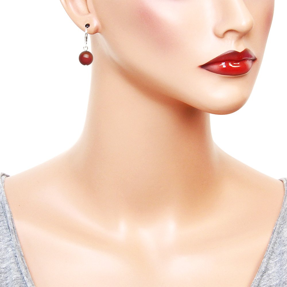 Falari 10mm Round Natural Stone Earring High Polished Rhodium Leverback Red Agate