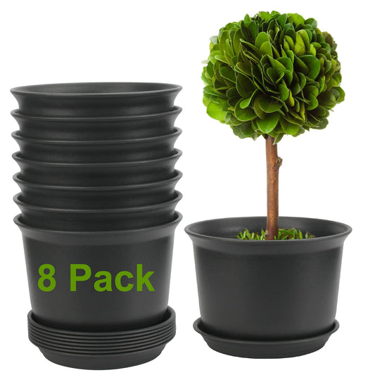 ZOUTOG 8 Inch Pots for Plants, Plastic Flower Planter, Large Plant Pot with Drainage Hole and Tray, Pack of 8, Plants not Included