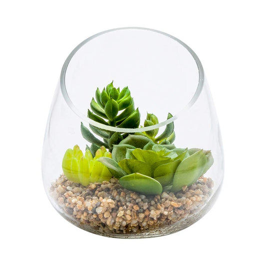Restaurantware-4.7 x 5 Inch Faux Succulent, 1 Artificial Succulent - In Incline Edge Glass Terrarium, Use As Table Or Shelf Decor, Centerpiece, Plastic Fake Desk Plant, For Homes Or Weddings