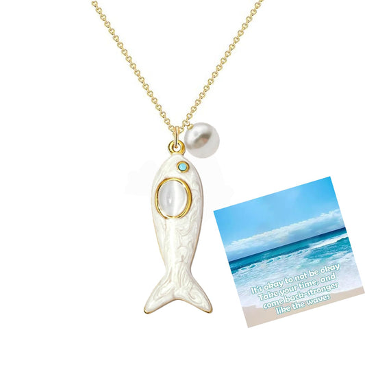 Boho Fish Charms Necklace for Women, Colorful Enamel Cats Eye Summer Sea Ocean Hawaiian Dainty Lucky Fish Pearl Pendant Necklaces Minimalist Surfer Jewelry for Her (White-Cats Eye)