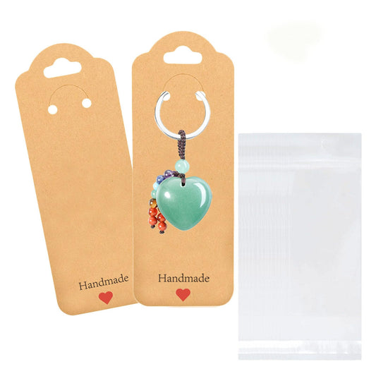 100PCS Keychain Display Cards with Clear Bags, 2.16'' x 6'' Handmade with Love Kraft Paper Jewelry Cards for Small Business Selling, Bulk Keychains Packaging Supplies (Brown)