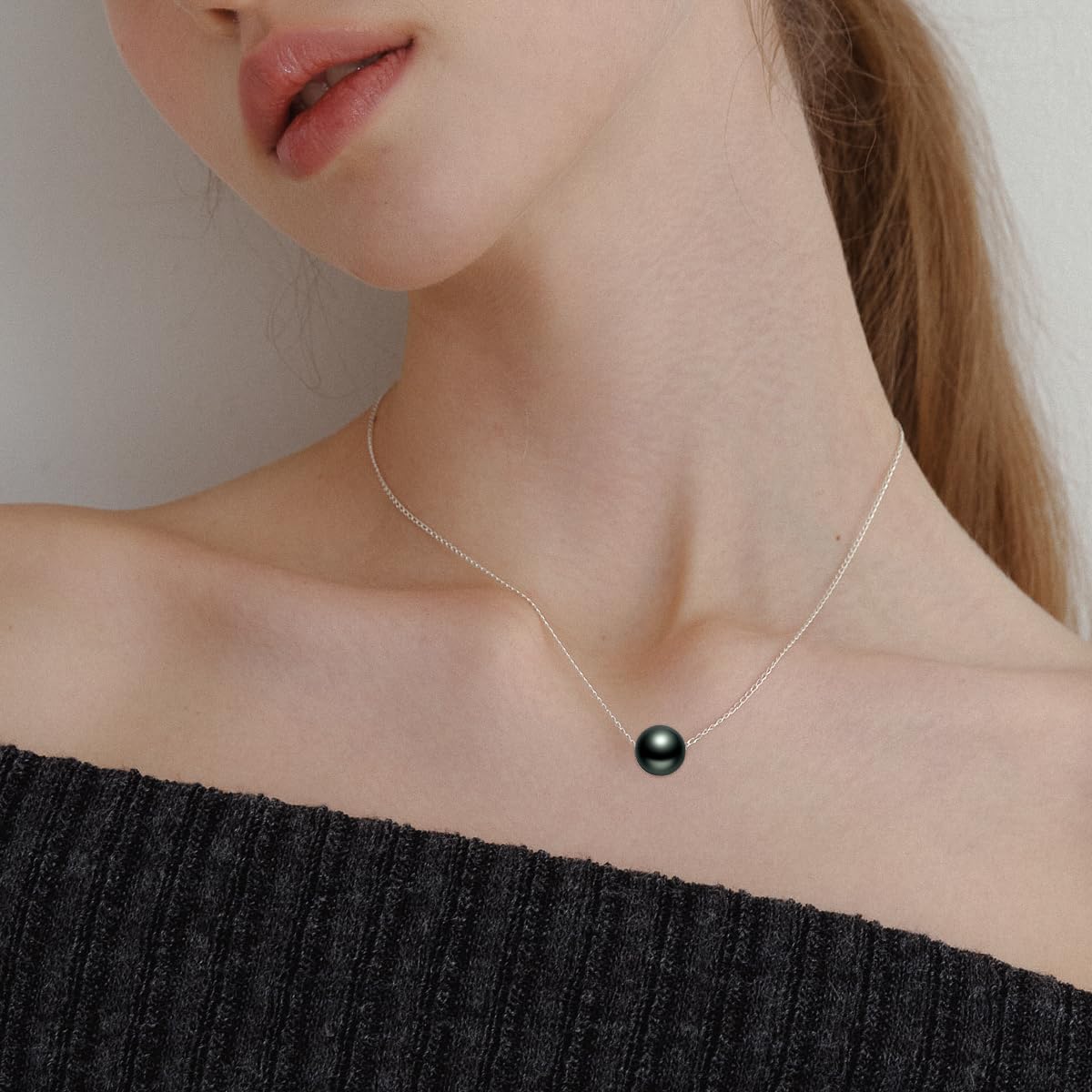 Black Pearl Necklace for Women 9-10mm Tahitian Single Pearl Pendants 18k White Gold Plated Silver 18+2 Inches Gift for Her Style 3