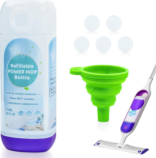 Power Mop Refillable Bottle - 26 FL OZ Leak-Proof HDPE Solution Container with 5 Silicone Gaskets & Funnel
