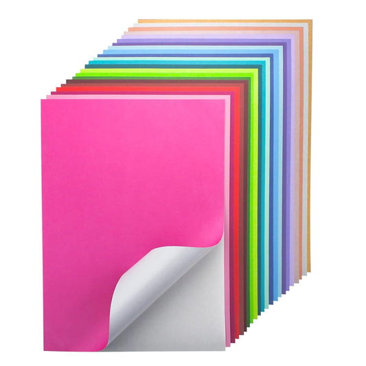 24 Sheets Self Adhesive Cardstock 22 Colors, A4 Printable Colored Sticker Paper for Cricut, Printer, Colorful Cardstock Adhesive Paper for Crafts, Scrapbooking & Party Decor | 250gsm/92lb