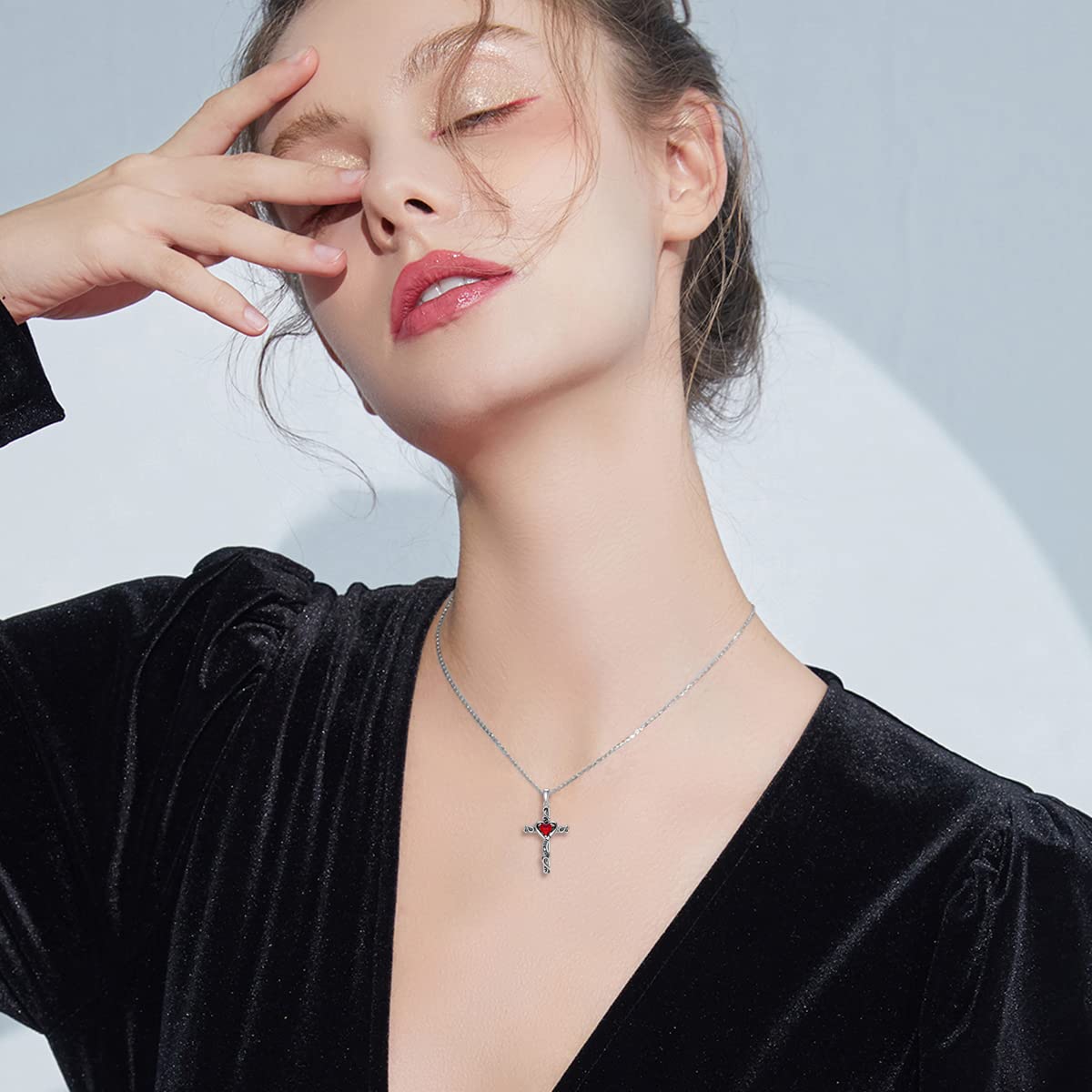 TOUPOP Garnet Cross Necklace for Women Sterling Silver January Birthstone Cross Pendant Necklace Heart Love Jewelry for Her Girlfriend Wife Mom Anniversary Birthday Mothers Day Gifts
