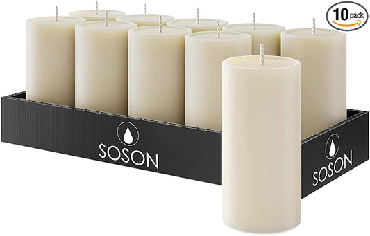 Simply Soson 2x4 inch Ivory Pillar Candles Set of 10, Smooth Texture, Unscented Ivory Candles, Dripless Candles, 2 inch Pillar Candles Ideal as Wedding, Parties, Spas, Dinner, Home Decoration