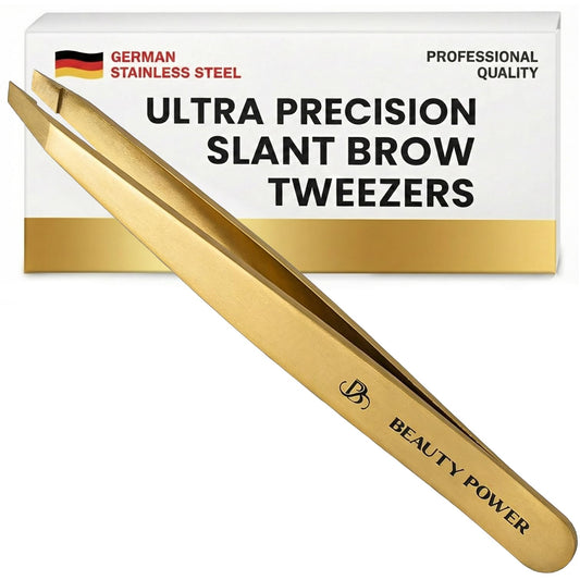 Beauty Power Tweezers for Women Facial Hair: Ultra Precision Tweezers for Women & Men, Sharp Slant Tweezer for Eyebrows, Ingrown Hair Removal. Professional Plucker + Case, German Stainless Steel Gold