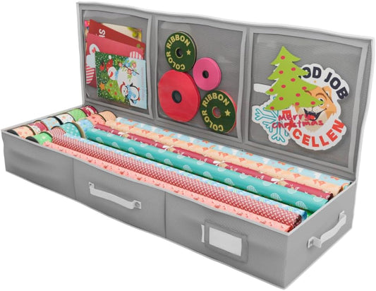 Primode Wrapping Paper Storage Container - Gift Wrap Organizer Under Bed | Holds 18-24 Rolls Up to 40” | Durable 600D Oxford Material | Pockets for Ribbons & Bows (Grey)