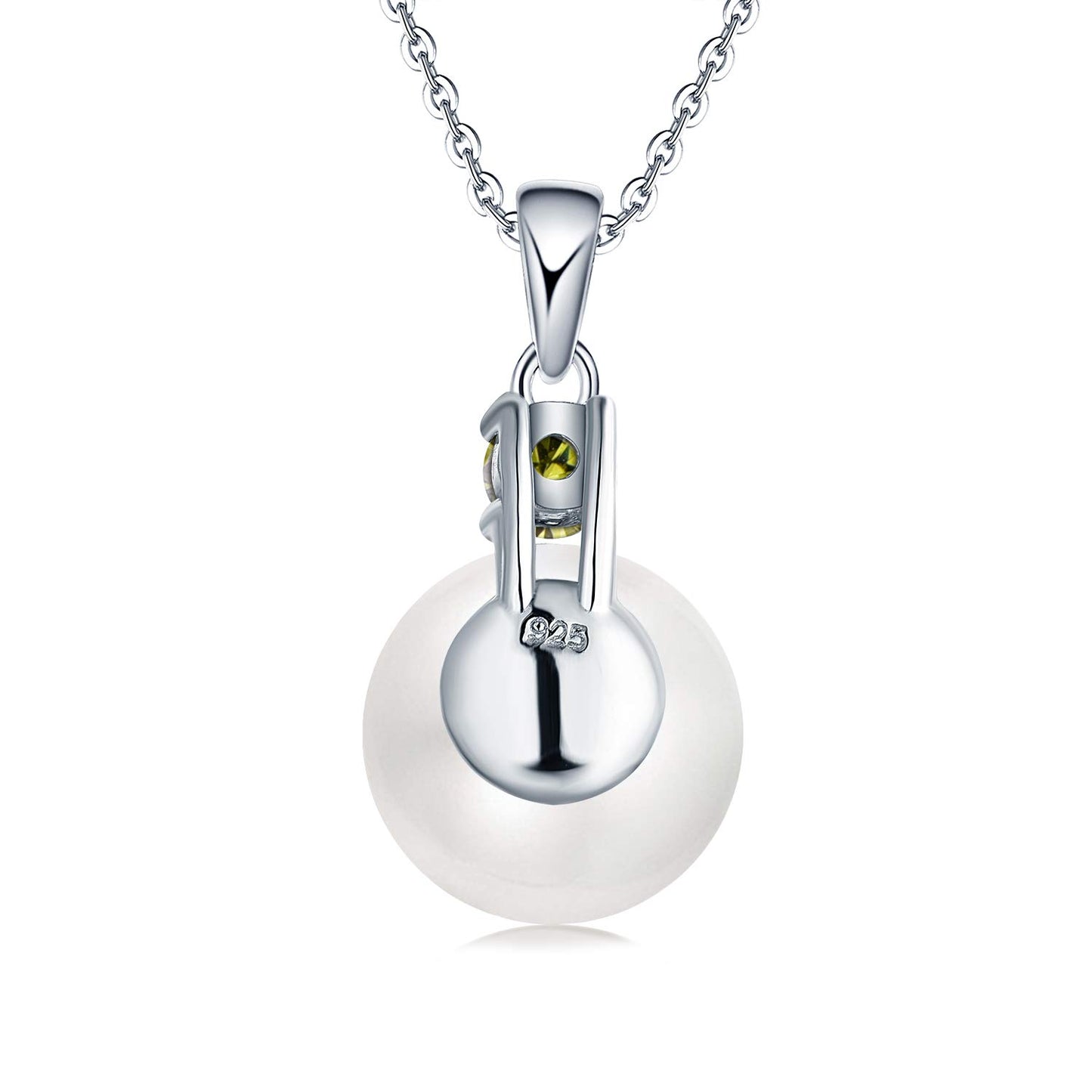 JO WISDOM Women Necklace,925 Sterling Silver Cubic Zirconia 10mm White Freshwater Pearl Pendant Necklace,August Birthstone Peridot Color