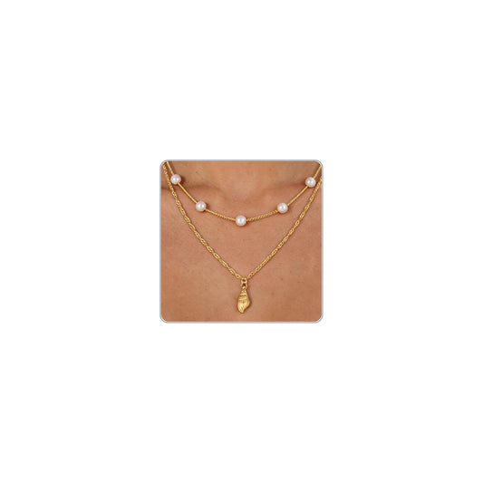 Beach Layered Starfish Necklace for Women, 14K Gold Plated Shell Conch Seashell & Pearl Charm Pendant, Dainty Coastal Summer Vacation Jewelry