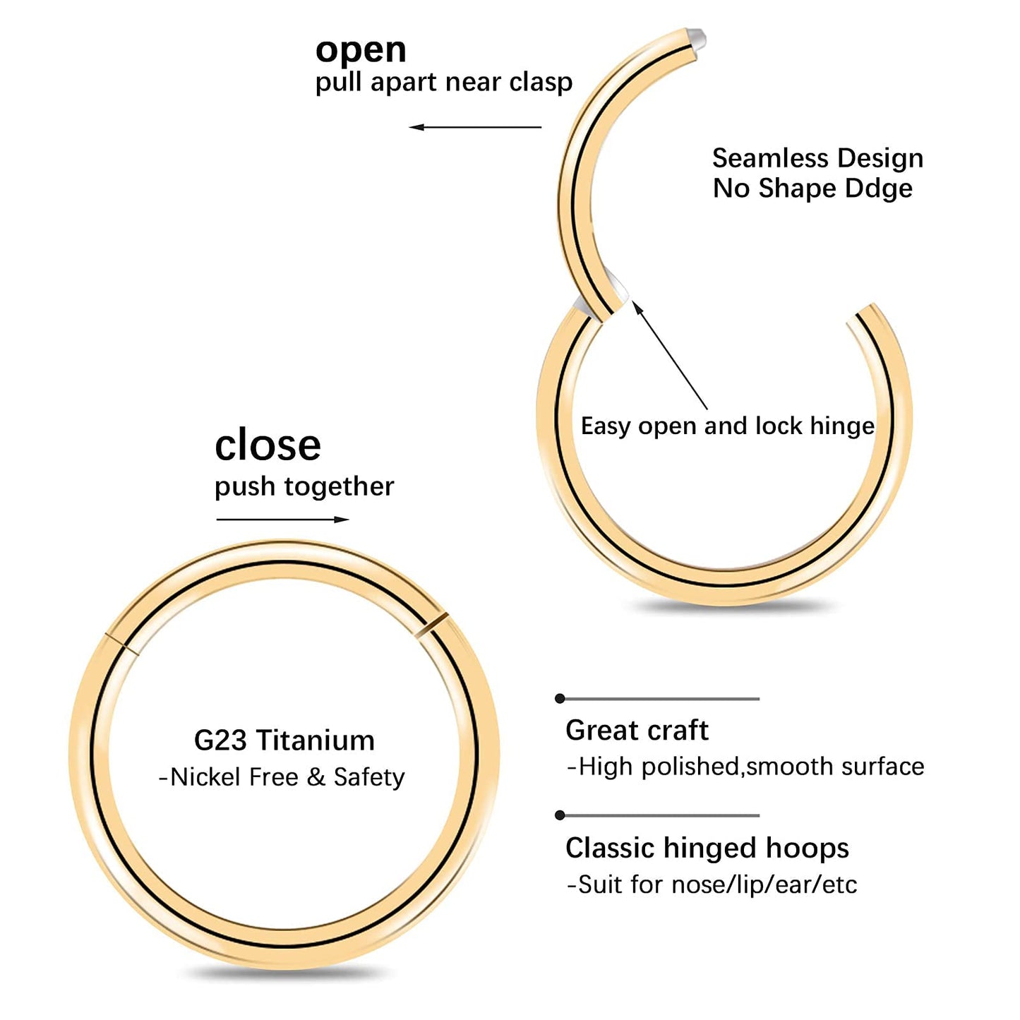 arvinpiercing BOGKU 6pcs G23 Titanium Hinged 16g Nose Rings Hoop 16 Gauge 12mm Nose Septum Clicker Segment Rings Cartilage Conch Tragus Helix Rook Hoop Earring Nose Ear Piercing Hoops
