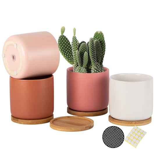 OMAYKEY 4 Inch Ceramic Plant Pot with Saucer, Multicolor Planters Pots with Drainage Hole and Mesh Pads for Succulent, Indoor Flowers, Snake Plants, Cactus, Herbs, Set of 4 (Plant Not Included)