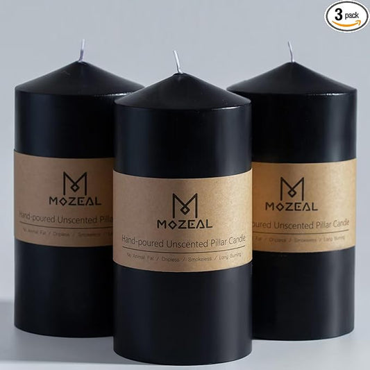 MOZEAL 3" x 6" Hand-Poured Unscented Black Pillar Candles,Dripless Candles Set of 3,Long Lasting Burning,Approx 100 Hours Burn Time for Wedding,Dinner,Halloween and Home Decor