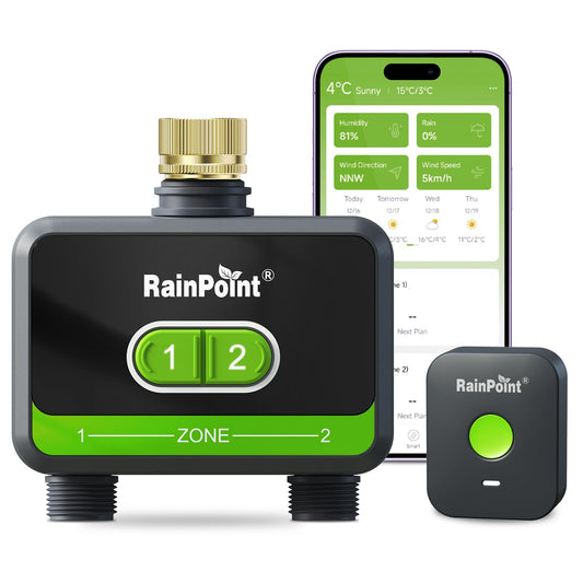 RainPoint WiFi Water Timer for Garden Hose with Brass Inlet, 2-Zone Smart Sprinkler Hose Timer, WiFi Irrigation Controller, Automatic Watering System for Lawns and Yard